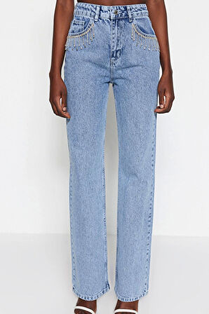 Kadın Moda Şık Kot Pantolon Geniş Paça Uzun Boy Denim Mavi Aksesuar Detaylı Yüksek Bel Jeans