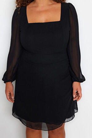 Kadın Moda Şık Büyük Beden Mini Boy Kare Yaka Fitted Dokuma Şifon Elbise