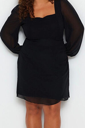 Kadın Moda Şık Büyük Beden Mini Boy Kare Yaka Fitted Dokuma Şifon Elbise