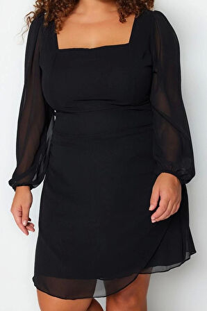 Kadın Moda Şık Büyük Beden Mini Boy Kare Yaka Fitted Dokuma Şifon Elbise