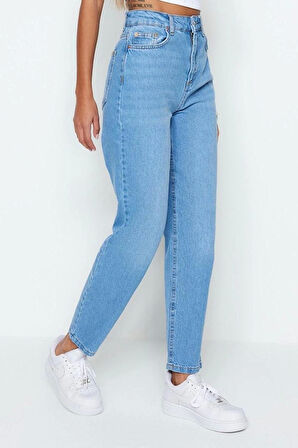 Kadın Moda Şık Kot Pantolon Geniş Paça Uzun Boy Denim Yüksek Bel Mom Jeans