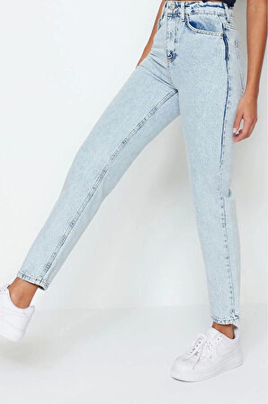 Kadın Moda Şık Kot Pantolon Geniş Paça Regular Boy Denim Yüksek Bel Mom Jeans