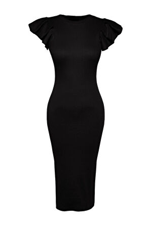 Yeni Slim Business Kaşkorse Örme Bisiklet Yaka Kısa Kol Bodycone Midi Boy Elbise