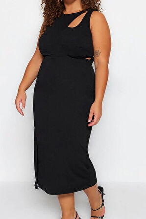 Yeni Fit Gündüz Gece Krep Örme Bisiklet Yaka Kolsuz Kol Bodycone Midi Boy Büyük Beden Elbise