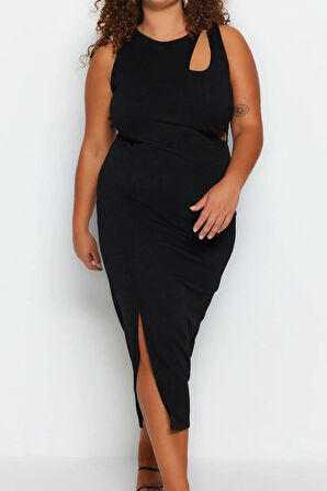 Yeni Fit Gündüz Gece Krep Örme Bisiklet Yaka Kolsuz Kol Bodycone Midi Boy Büyük Beden Elbise