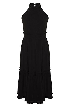 Yeni Rahat Casual Günlük Crinkle Dokuma Bisiklet Yaka Kolsuz Kol A-Line Midi Boy Büyük Beden Elbise