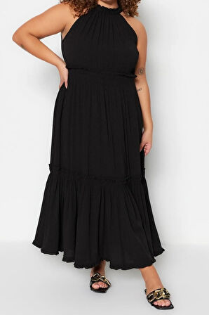 Yeni Rahat Casual Günlük Crinkle Dokuma Bisiklet Yaka Kolsuz Kol A-Line Midi Boy Büyük Beden Elbise