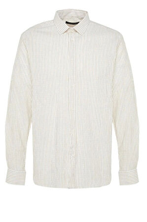 Erkek Moda Uzun Kol Dokuma Camel Limited Edition Regular Fit Keten Karışımlı Çizgili Gömlek