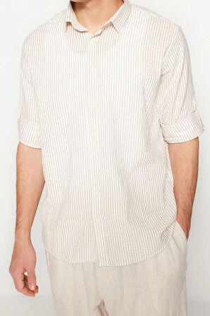 Erkek Moda Uzun Kol Dokuma Camel Limited Edition Regular Fit Keten Karışımlı Çizgili Gömlek