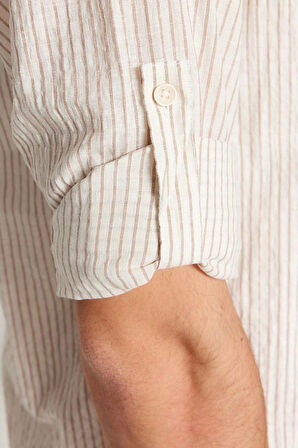 Erkek Moda Uzun Kol Dokuma Camel Limited Edition Regular Fit Keten Karışımlı Çizgili Gömlek