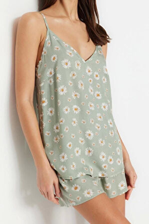 Kadın Viskon Havuz Yaka Askılı Kol Bulut Desenli İp Askılı Viskon Dokuma Pijama Takımı