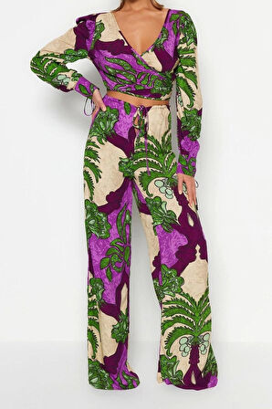 Kadın Moda Şık Regular Kısa Boy Uzun Kollu Tropikal Desenli Dokuma Bluz Pantolon Takım