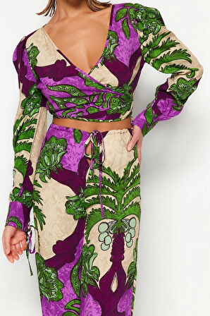 Kadın Moda Şık Regular Kısa Boy Uzun Kollu Tropikal Desenli Dokuma Bluz Pantolon Takım