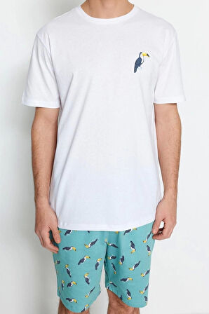 Erkek Pamuklu Bisiklet Yaka Kısa Kol Yeşil Regular Fit Örme Şortlu Pijama Takımı