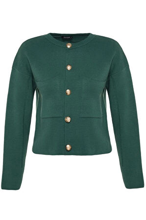 Kadın Moda Şık Regular Bisiklet Yaka Regular Düğme Detaylı Ceket Görünümlü Triko Hırka