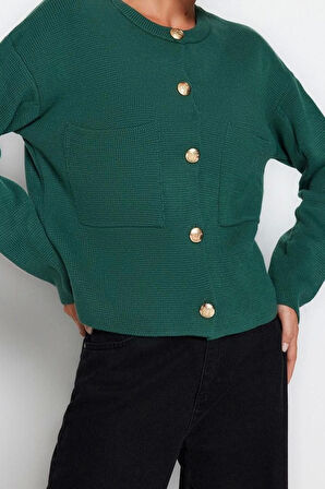 Kadın Moda Şık Regular Bisiklet Yaka Regular Düğme Detaylı Ceket Görünümlü Triko Hırka