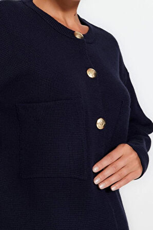 Kadın Moda Şık Regular Bisiklet Yaka Uzun Kol Düz Düğme Detaylı Ceket Görünümlü Triko Hırka