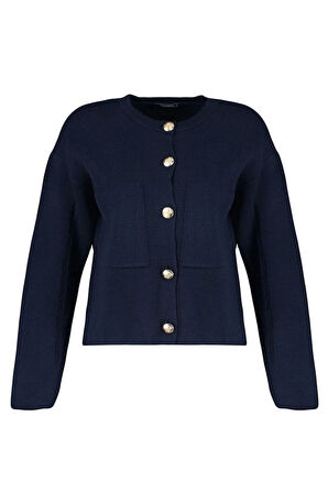 Kadın Moda Şık Regular Bisiklet Yaka Uzun Kol Düz Düğme Detaylı Ceket Görünümlü Triko Hırka