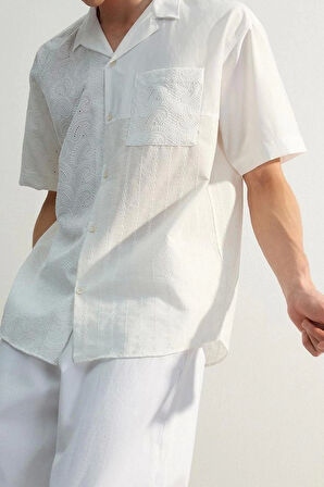 Erkek Moda Kısa Kol Dokuma Limited Edition Beyaz Oversize Brode Bloklu Yazlık Gömlek