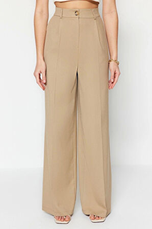 Kadın Yeni Moda Geniş Paça Regular Boy Dokuma Ütü İzli Wide Leg Geniş Paça Pantolon