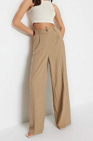 Kadın Yeni Moda Geniş Paça Regular Boy Dokuma Ütü İzli Wide Leg Geniş Paça Pantolon