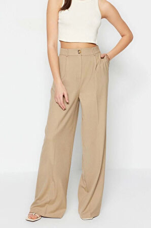 Kadın Yeni Moda Geniş Paça Regular Boy Dokuma Ütü İzli Wide Leg Geniş Paça Pantolon