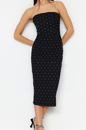 Yeni Fit Mezuniyet Balo Finike Dokuma Straplez Kolsuz Kol Bodycone Midi Boy Elbise