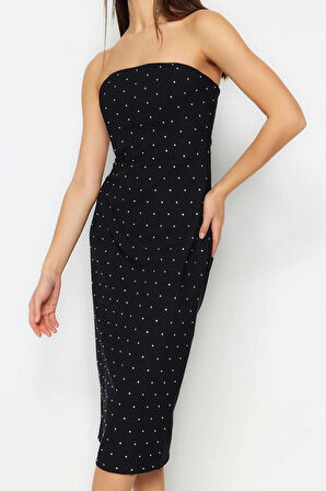 Yeni Fit Mezuniyet Balo Finike Dokuma Straplez Kolsuz Kol Bodycone Midi Boy Elbise