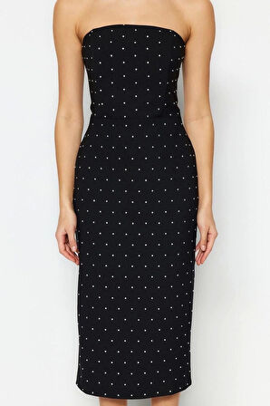 Yeni Fit Mezuniyet Balo Finike Dokuma Straplez Kolsuz Kol Bodycone Midi Boy Elbise