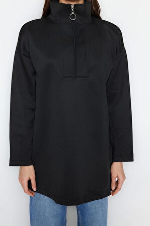 Kadın Tesettür Moda Regular Dik Yaka Düşük Kol Regular Fermuar Detaylı Dalgıç Scuba Örme Sweatshirt