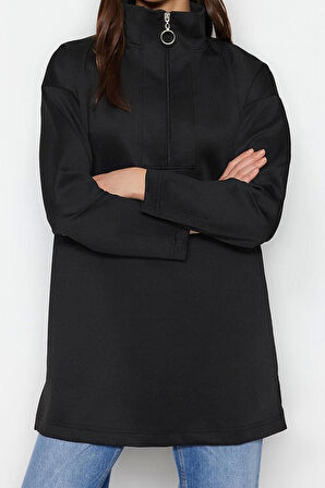 Kadın Tesettür Moda Regular Dik Yaka Düşük Kol Regular Fermuar Detaylı Dalgıç Scuba Örme Sweatshirt