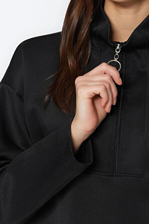 Kadın Tesettür Moda Regular Dik Yaka Düşük Kol Regular Fermuar Detaylı Dalgıç Scuba Örme Sweatshirt