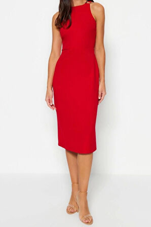 Yeni Regular Gündüz Gece Finike Dokuma Halter Yaka Kolsuz Kol Bodycone Midi Boy Elbise