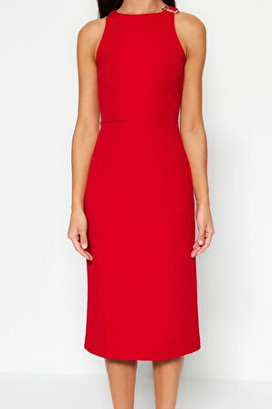 Yeni Regular Gündüz Gece Finike Dokuma Halter Yaka Kolsuz Kol Bodycone Midi Boy Elbise