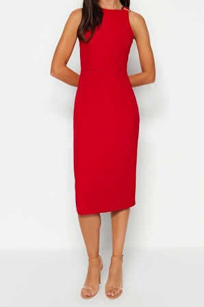 Yeni Regular Gündüz Gece Finike Dokuma Halter Yaka Kolsuz Kol Bodycone Midi Boy Elbise