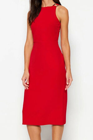 Yeni Regular Gündüz Gece Finike Dokuma Halter Yaka Kolsuz Kol Bodycone Midi Boy Elbise