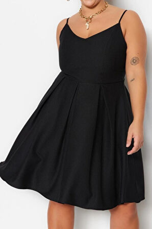 Yeni Rahat Düğün Nikah Krep Dokuma V Yaka Askılı Kol Skater Mini Boy Büyük Beden Elbise