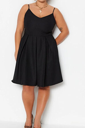 Yeni Rahat Düğün Nikah Krep Dokuma V Yaka Askılı Kol Skater Mini Boy Büyük Beden Elbise