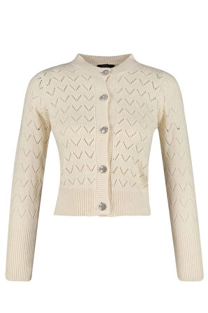 Kadın Moda Şık Regular Bisiklet Yaka Uzun Kol Ajurlu Düğme Detaylı Delikli Bluz-Hırka Takım