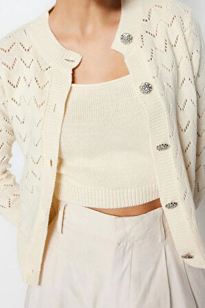 Kadın Moda Şık Regular Bisiklet Yaka Uzun Kol Ajurlu Düğme Detaylı Delikli Bluz-Hırka Takım