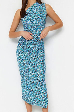 Kadın Midi Boy Slim Leopar Vücuda Oturan Tek Omuz Asimetrik Büzgü Detaylı Örme Kalem Elbise