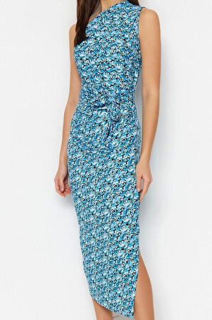 Kadın Midi Boy Slim Leopar Vücuda Oturan Tek Omuz Asimetrik Büzgü Detaylı Örme Kalem Elbise