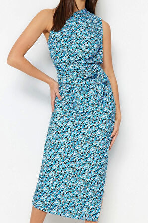 Kadın Midi Boy Slim Leopar Vücuda Oturan Tek Omuz Asimetrik Büzgü Detaylı Örme Kalem Elbise