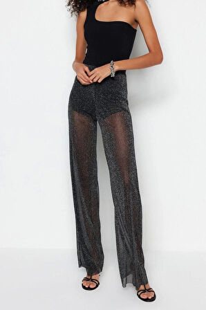 Kadın Yeni Moda Geniş Paça Regular Boy Örme Bol Paça Astarlı Parıltılı Örme File Pantolon