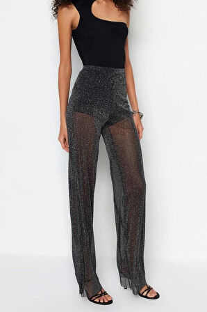 Kadın Yeni Moda Geniş Paça Regular Boy Örme Bol Paça Astarlı Parıltılı Örme File Pantolon