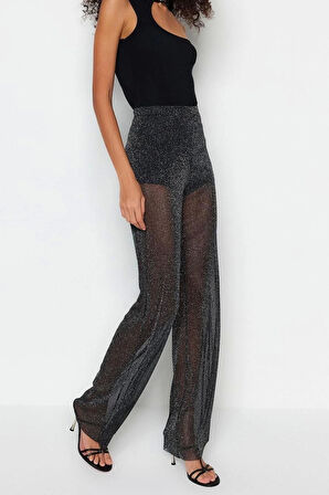 Kadın Yeni Moda Geniş Paça Regular Boy Örme Bol Paça Astarlı Parıltılı Örme File Pantolon