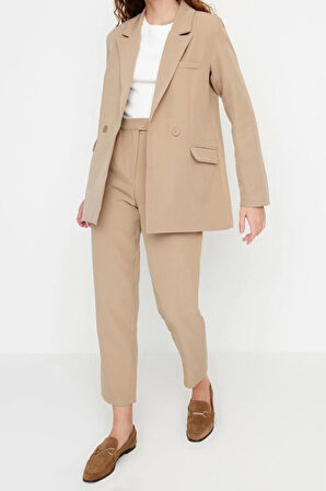 Kadın Moda Şık Boru Paça Regular Boy Uzun Kollu Blazer Ceket-Pantolon Dokuma Alt-Üst Takım