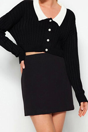 Kadın Moda Şık Crop Bebe Yaka Regular Süper Crop Gömlek Yaka Garnili Triko Hırka