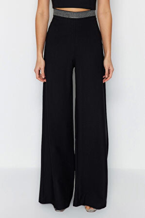 Kadın Yeni Moda Boru Paça Regular Boy Dokuma Taş Kemer Detaylı Pantolon