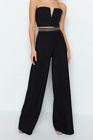 Kadın Yeni Moda Boru Paça Regular Boy Dokuma Taş Kemer Detaylı Pantolon